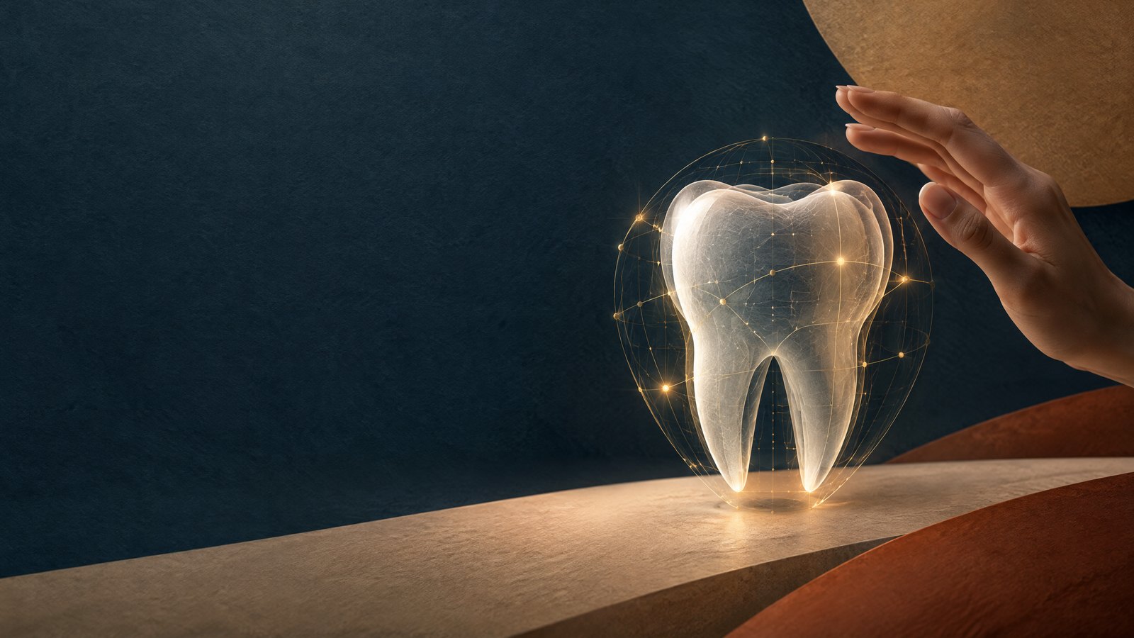 Dente astratto protetto da una griglia di governance AI.