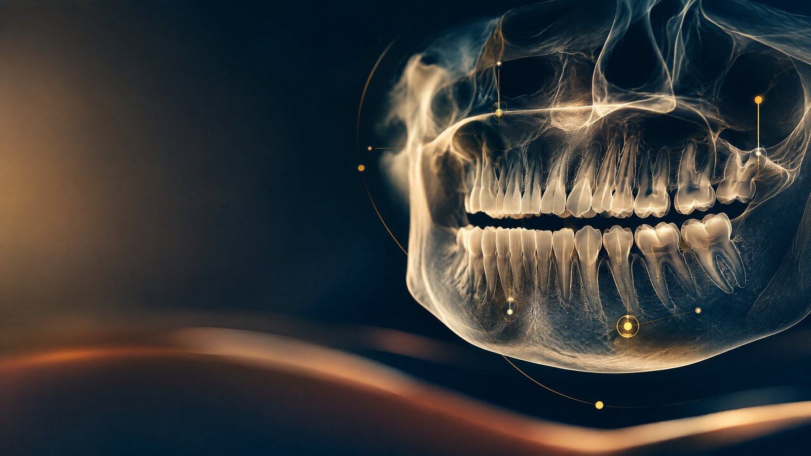 Composizione astratta ispirata alla radiologia dentale con punti di analisi.